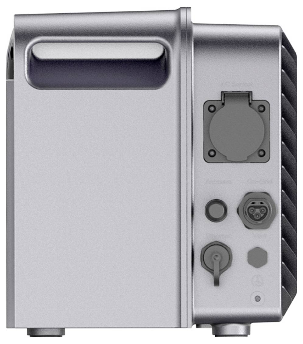 Kompaktes silbernes Industriegerät mit Griff oben, Steuerpanel an der Seite, Schutzabdeckung für die Steckdose, Schalter und Stromstecker.