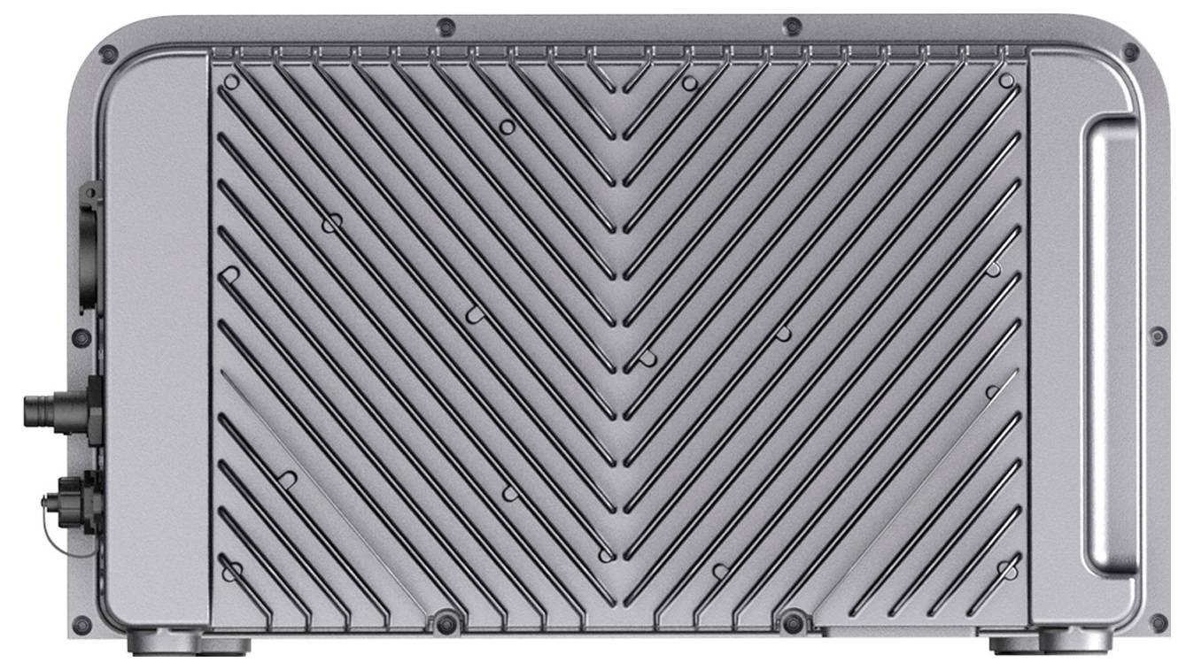 Graues elektronisches Gerät mit strukturiertem Frontpanel und seitlichen Anschlüssen, vor weißem Hintergrund dargestellt.