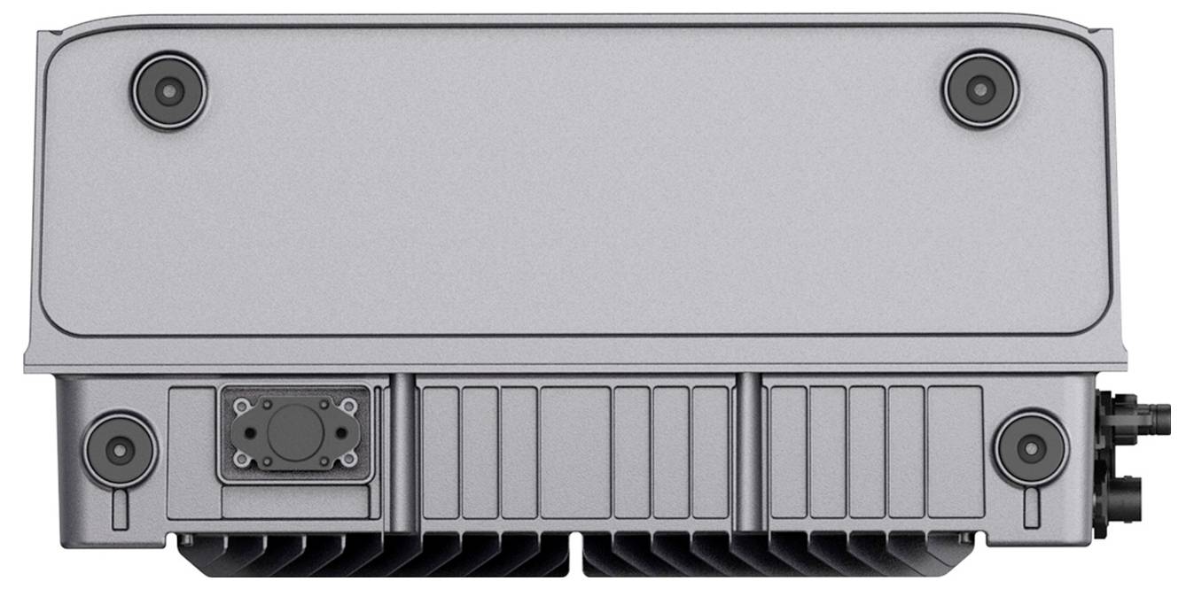 Rückansicht eines robusten grauen elektronischen Geräts oder einer Steuereinheit mit vier sichtbaren Befestigungsschrauben, Kühlrippen und Anschlussanschlüssen auf der Unterseite und rechten Seite.