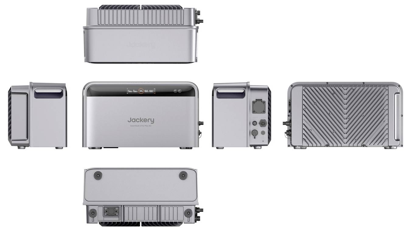 Multi-Ansicht-Produktbild einer tragbaren Jackery-Stromstation, das die kompakte rechteckige Einheit von vorne, hinten, von den Seiten, von oben und von unten zeigt.