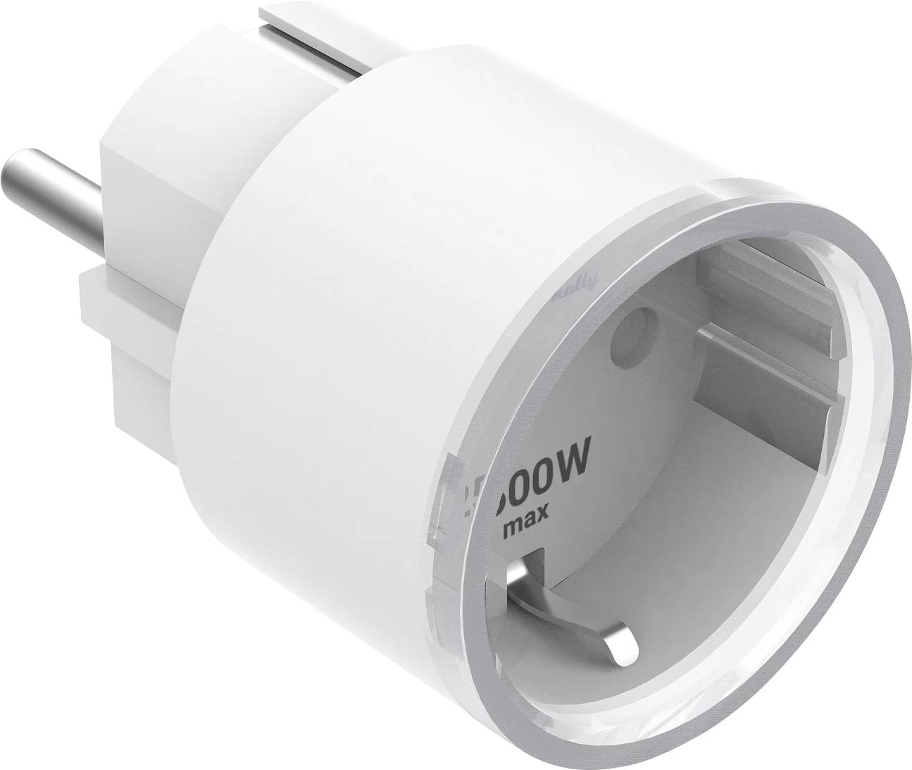 Weißer europäischer Steckeradapter im klassischen Stil mit zwei runden Stiften und einer Buchsenöffnung, mit der Kennzeichnung „100W max