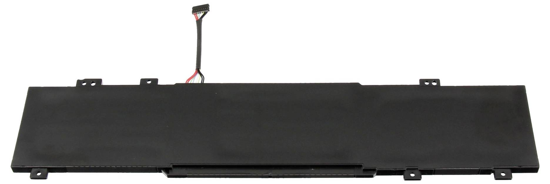 Ein schwarzes Laptop-Akkupack mit Stromstecker und Befestigungslaschen, isoliert auf weißem Hintergrund dargestellt.