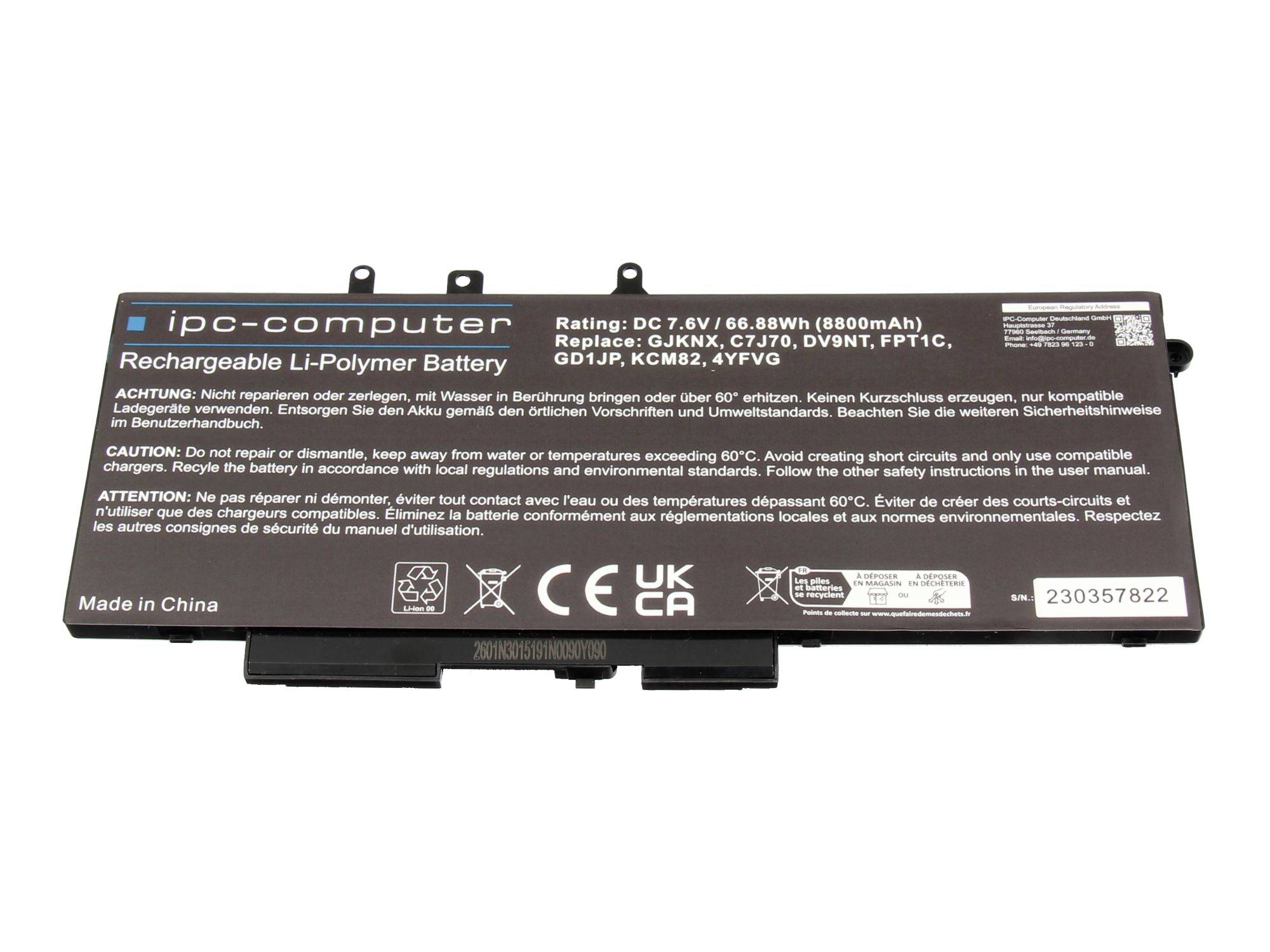 Ein Ersatz-Lithium-Polymer-Akkupack für tragbare Computer mit der Bezeichnung „ipc-computer