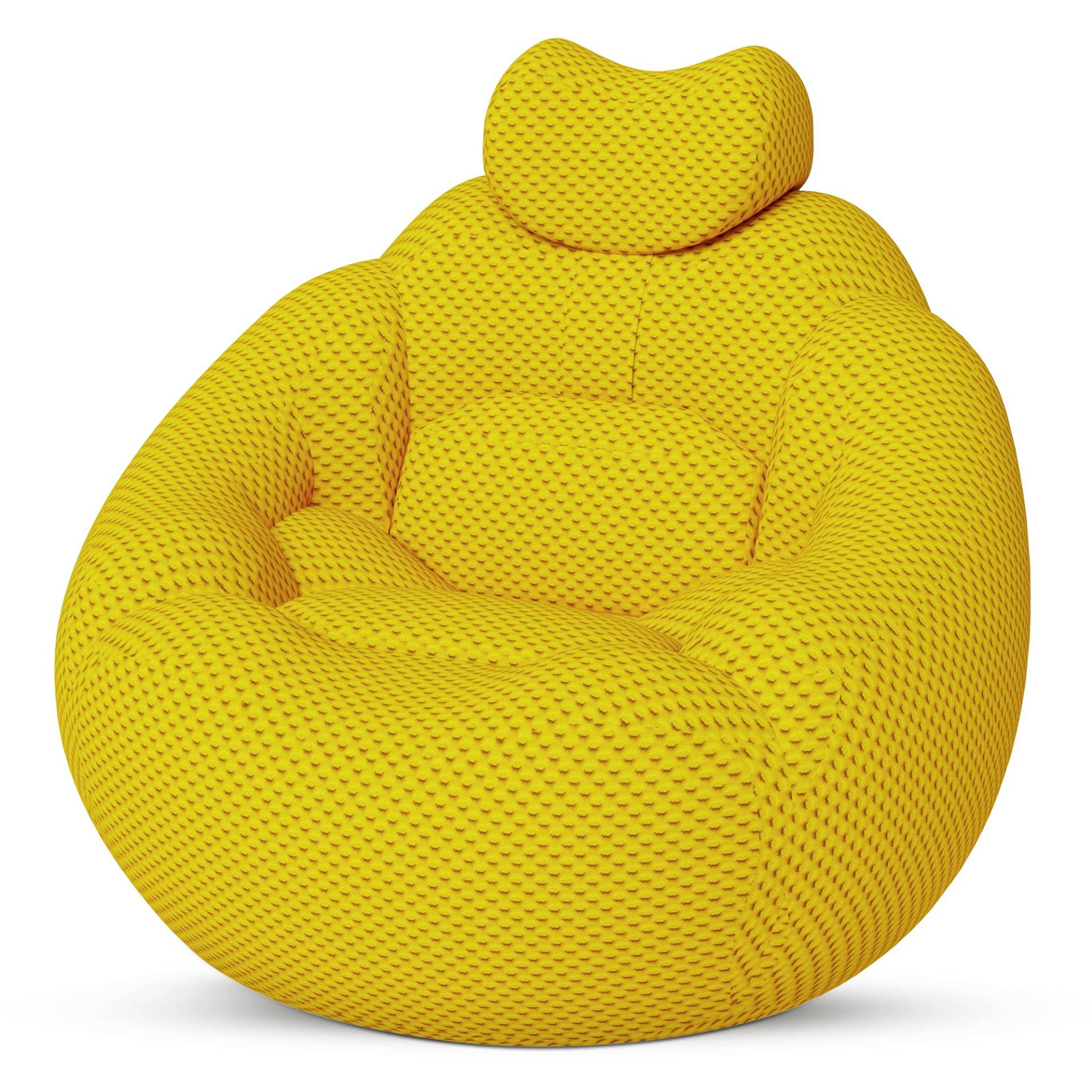 Hellgelber Sitzsack mit passendem Nackenkissen, abgebildet auf weißem Hintergrund.