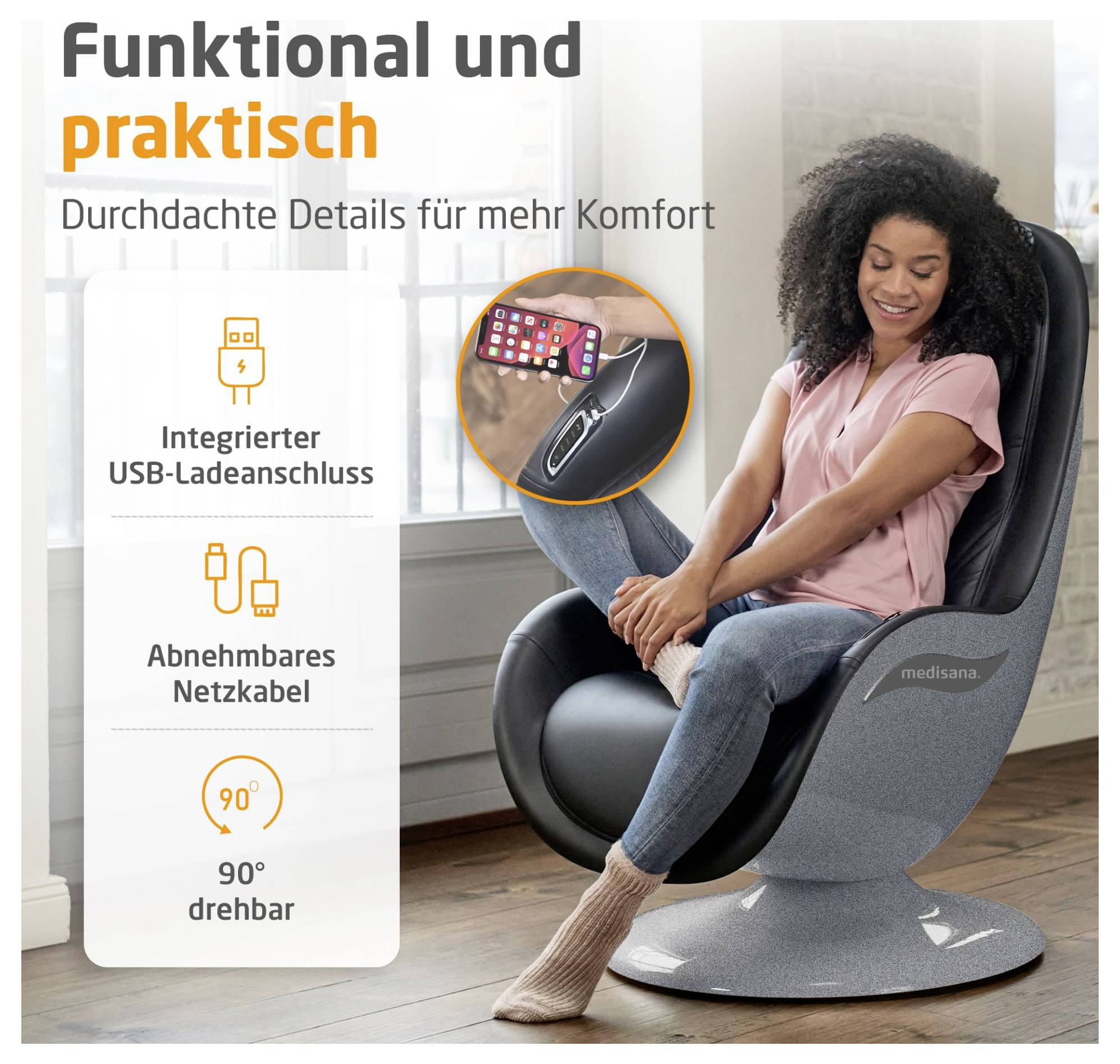 Werbeabbildung eines drehbaren Relaxsessels: Frau sitzt entspannt, mit integriertem USB-Ladeanschluss, abnehmbarem Netzkabel und 90° drehbar.