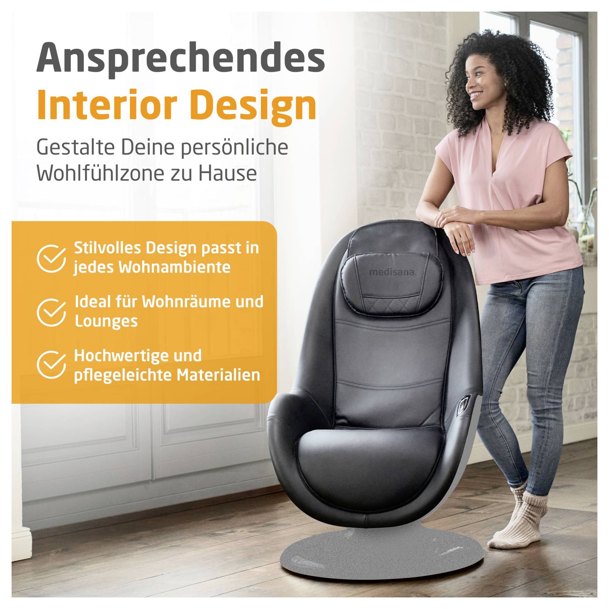 Werbeplakat für Interieur Design mit schwarzem Relaxsessel; Frau steht daneben. Text nennt stilvolles Design, passend für Wohn- und Loungebereiche.