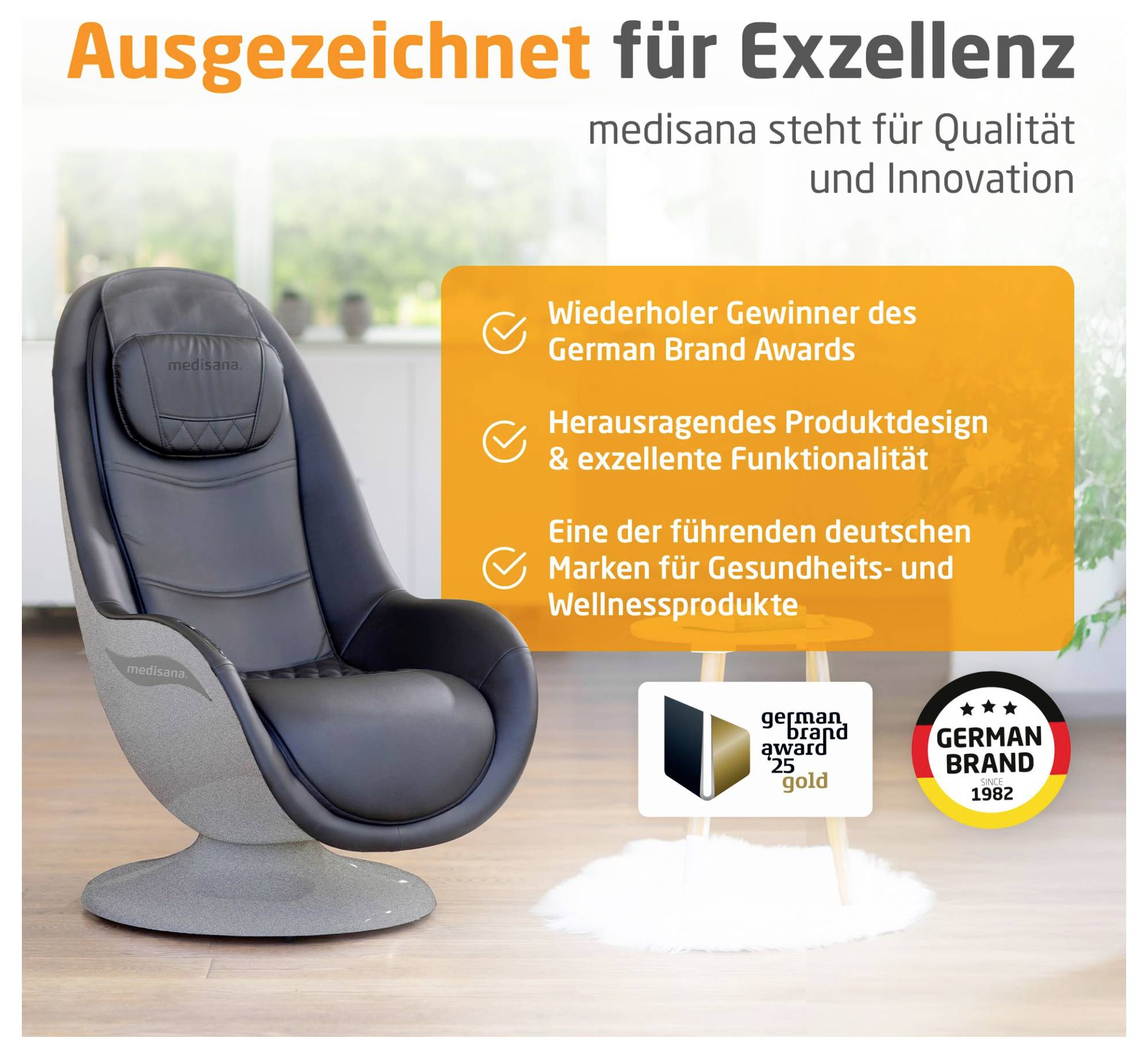 Werbung für einen Medisana-Massagesessel mit Aufschrift 'Ausgezeichnet für Exzellenz', Auszeichnungen German Brand Award und German Brand 1982, Hinweis auf Qualität und Innovation.