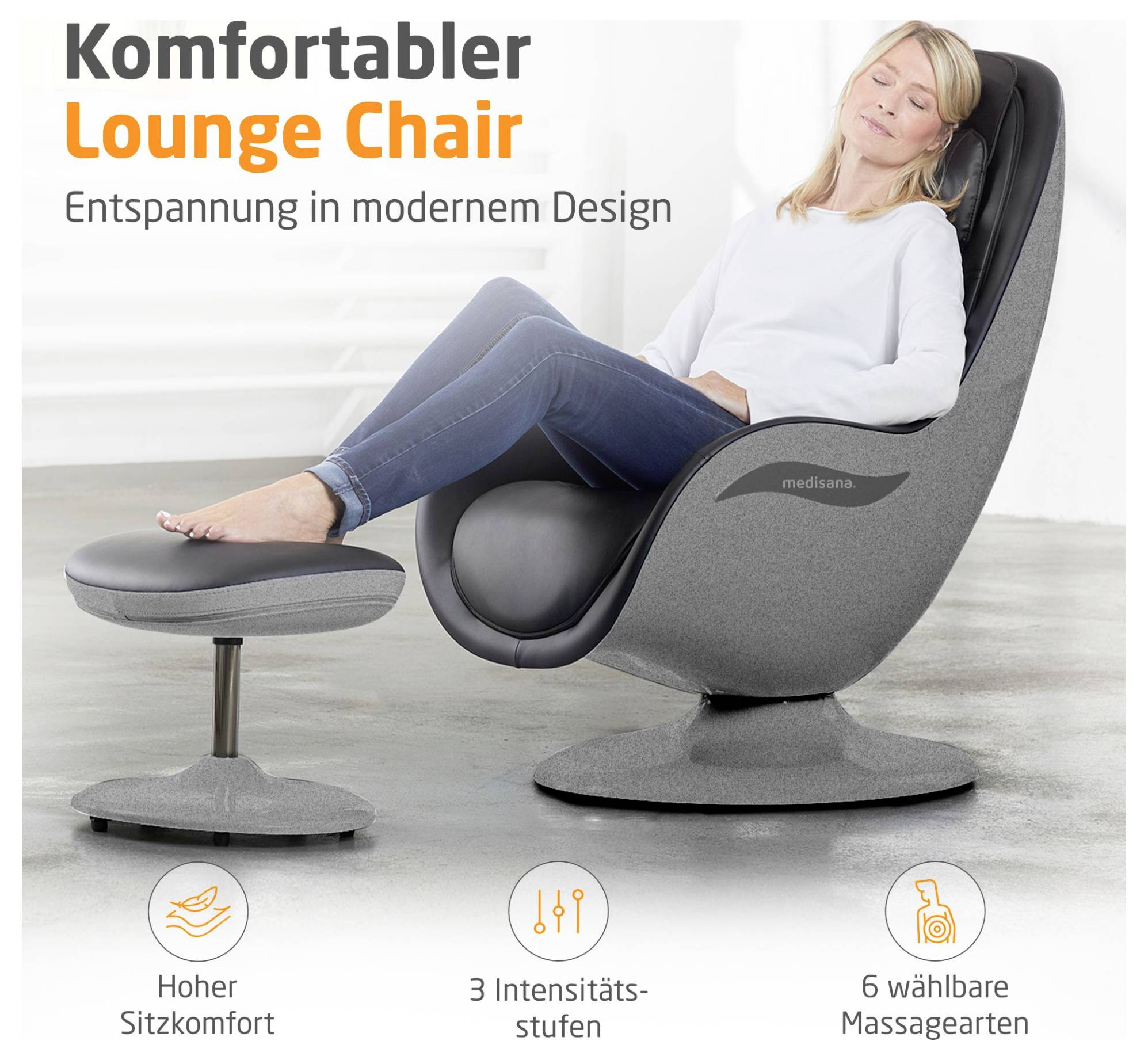 Werbebild einer Frau, die entspannt in einem grauen Lounge-Sessel mit Fußhocker sitzt; Text: 'Komfortabler Lounge Chair' und 'Entspannung in modernem Design', dazu Symbole für Sitzkomfort, 3 Intensitätsstufen und 6 Massageteilen.