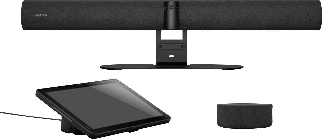 Konferenzraum-Videokonferenz-Set mit langem Freisprechtelefon, Tablet mit Touchsteuerung und separatem Lautsprecher im Puck-Stil auf weißem Hintergrund.
