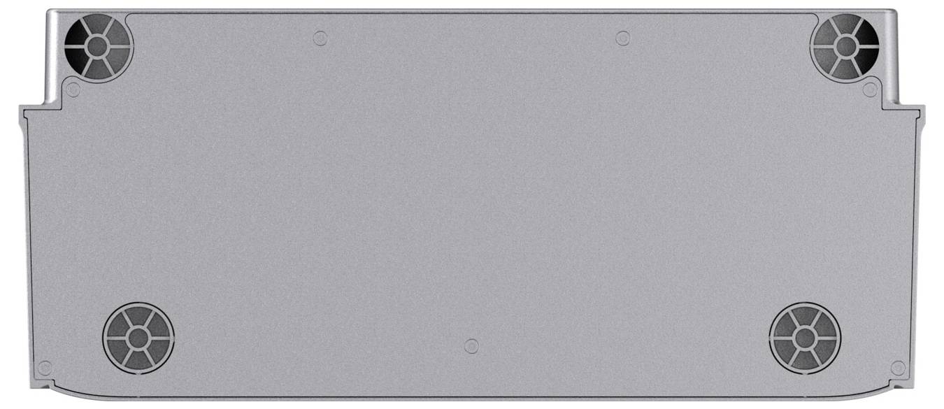 Unteransicht eines grauen rechteckigen elektronischen Geräts mit vier Schrauben- oder Fußbefestigungen in den Ecken und einer zentralen kreisförmigen Vertiefung.