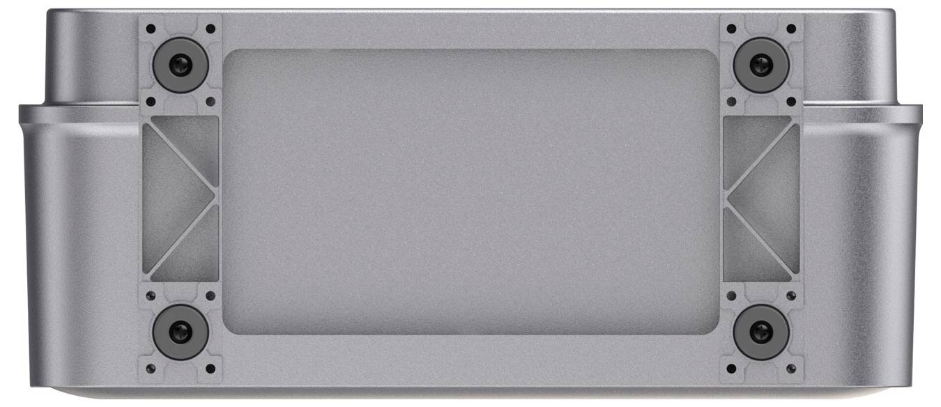 Nahaufnahme eines silbernen rechteckigen elektronischen Geräts oder Akkupacks mit vier Eckbefestigungen und seitlichen zylindrischen Enden.