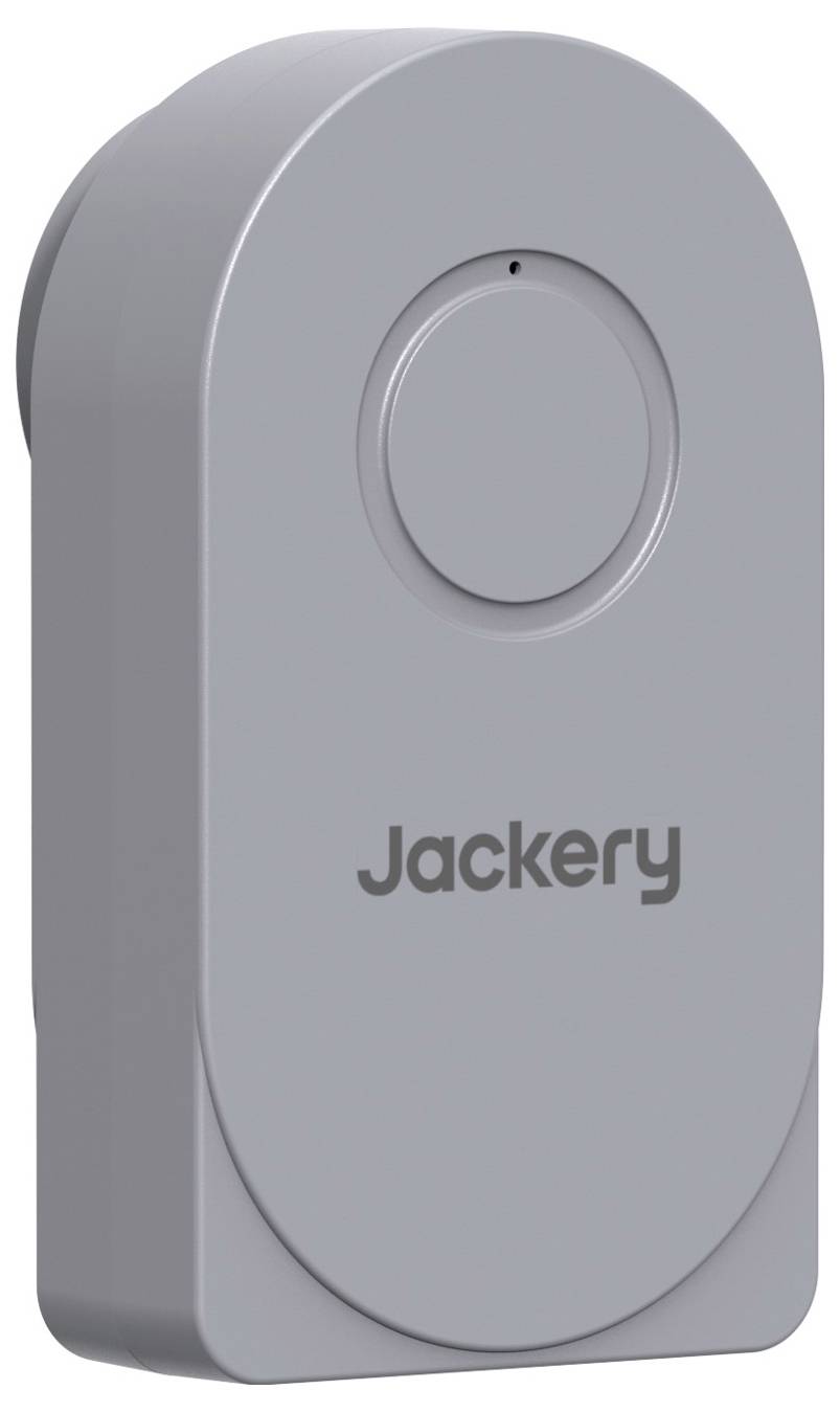 Graue tragbare Jackery-Powerbank mit einem kreisförmigen Knopf auf der Vorderseite, dargestellt vor weißem Hintergrund.