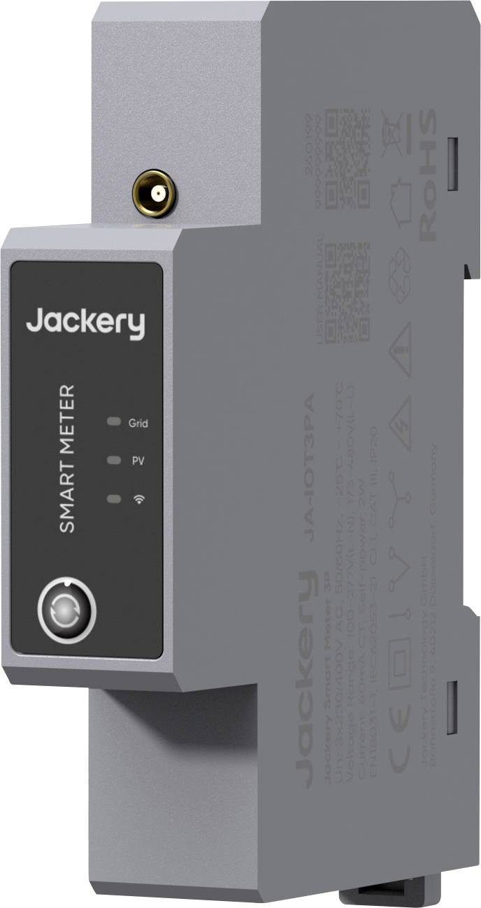 Jackery Smart Meter Gerät, ein graues rechteckiges Modul mit einem schwarzen Frontpanel mit der Beschriftung 