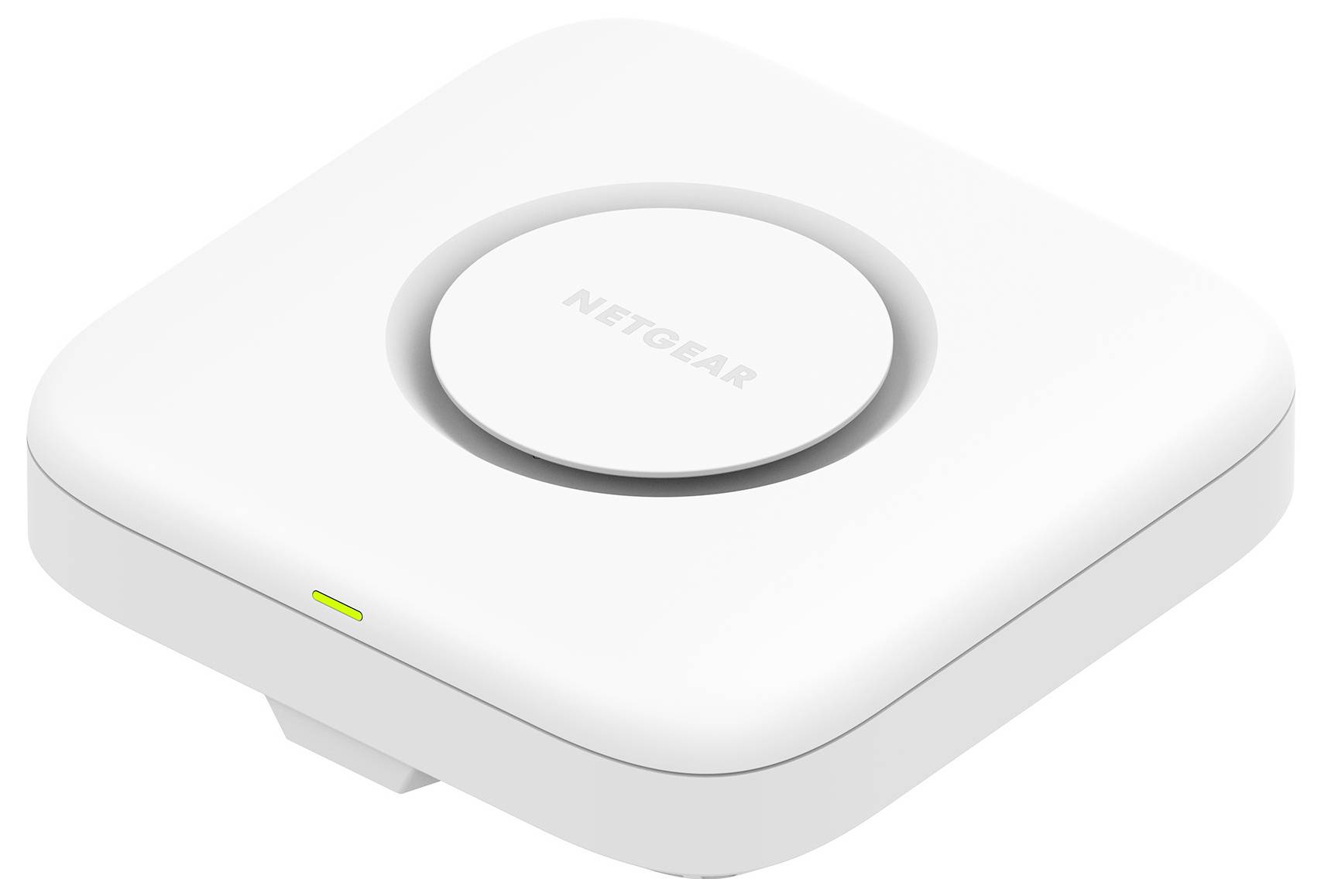 Weißer Netgear-Wireless-Zugangspunkt/Router mit einem kreisförmigen Logo oben und einem kleinen grünen Statuslicht an der vorderen Kante.