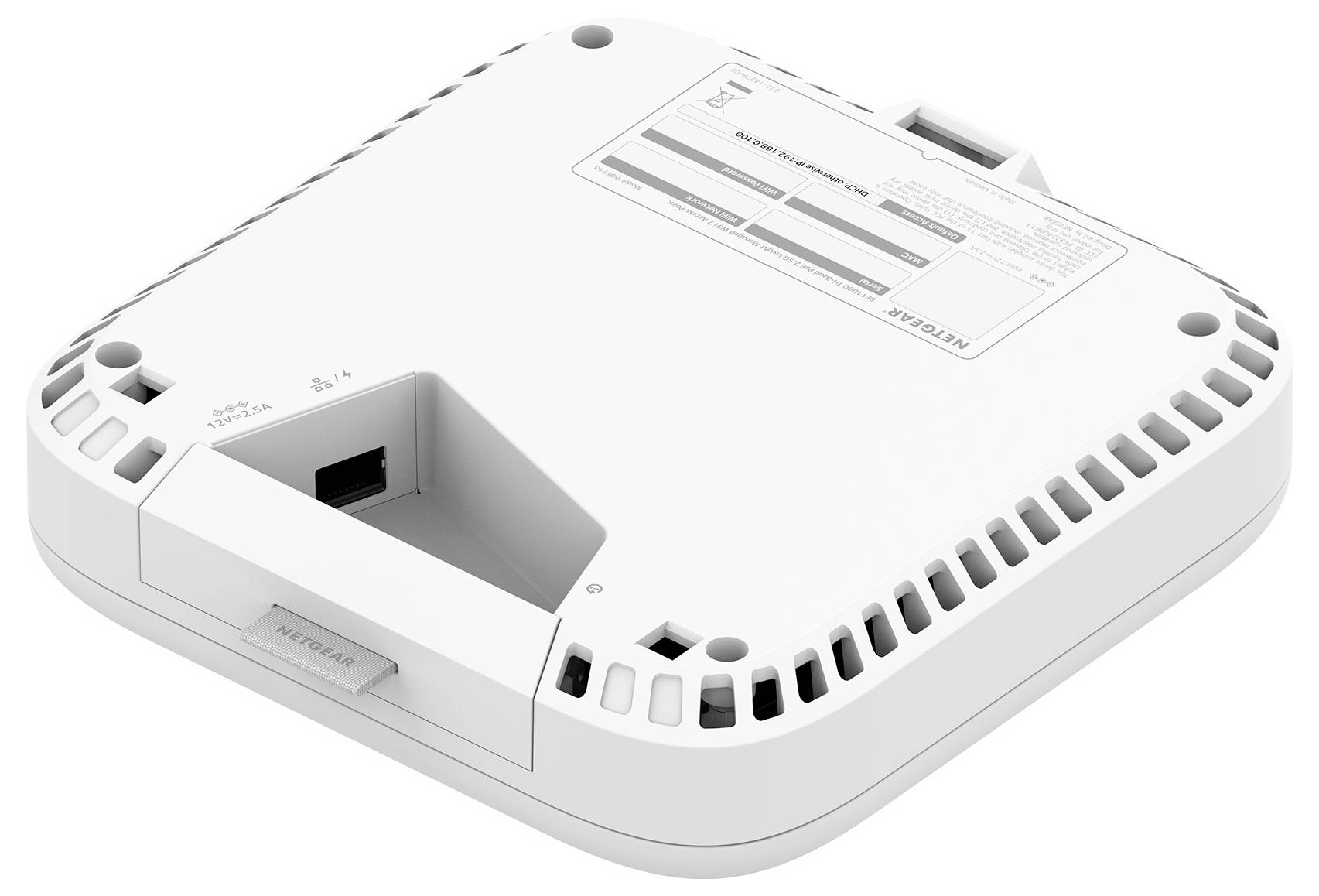 Unteransicht eines weißen NETGEAR-Wireless-Routers mit Lüftungsschlitzen, Befestigungslöchern, Ethernet-Anschluss und Produktetikett.