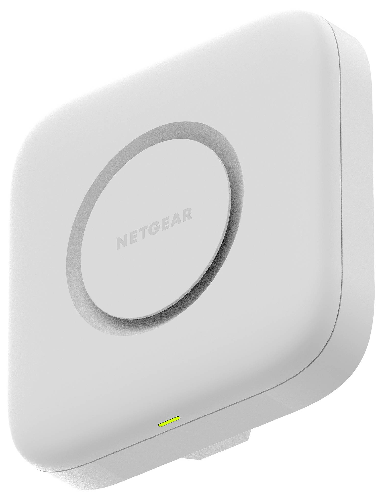 Weißer NETGEAR-Wireless-Zugangspunkt mit zirkulärem Mittellogo und kleinem grünem Statuslicht auf einfachem Hintergrund.