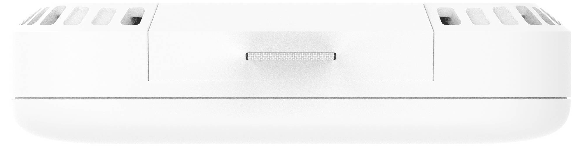 Weißes elektronisches Gerät mit belüftetem Oberteil und zentriertem horizontalem Schlitz oder Griff auf der Frontplatte, dargestellt vor einfachem Hintergrund