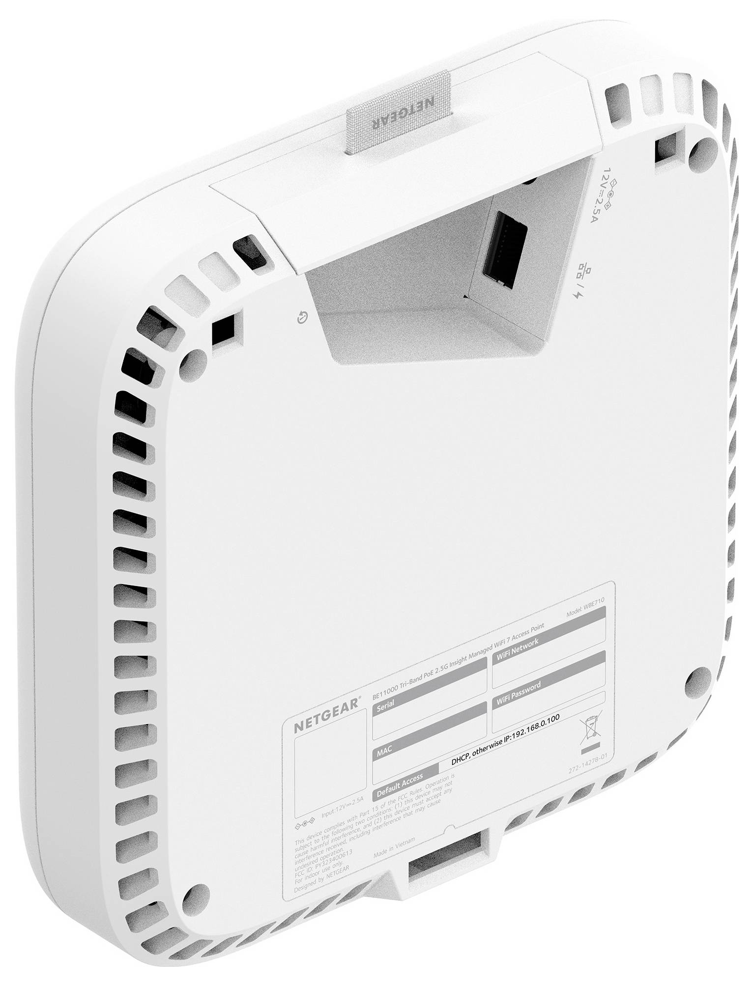 Rückansicht eines weißen NETGEAR-Wireless-Routers mit Belüftungsschlitzen, Anschlüssen und einem Produktetikett.