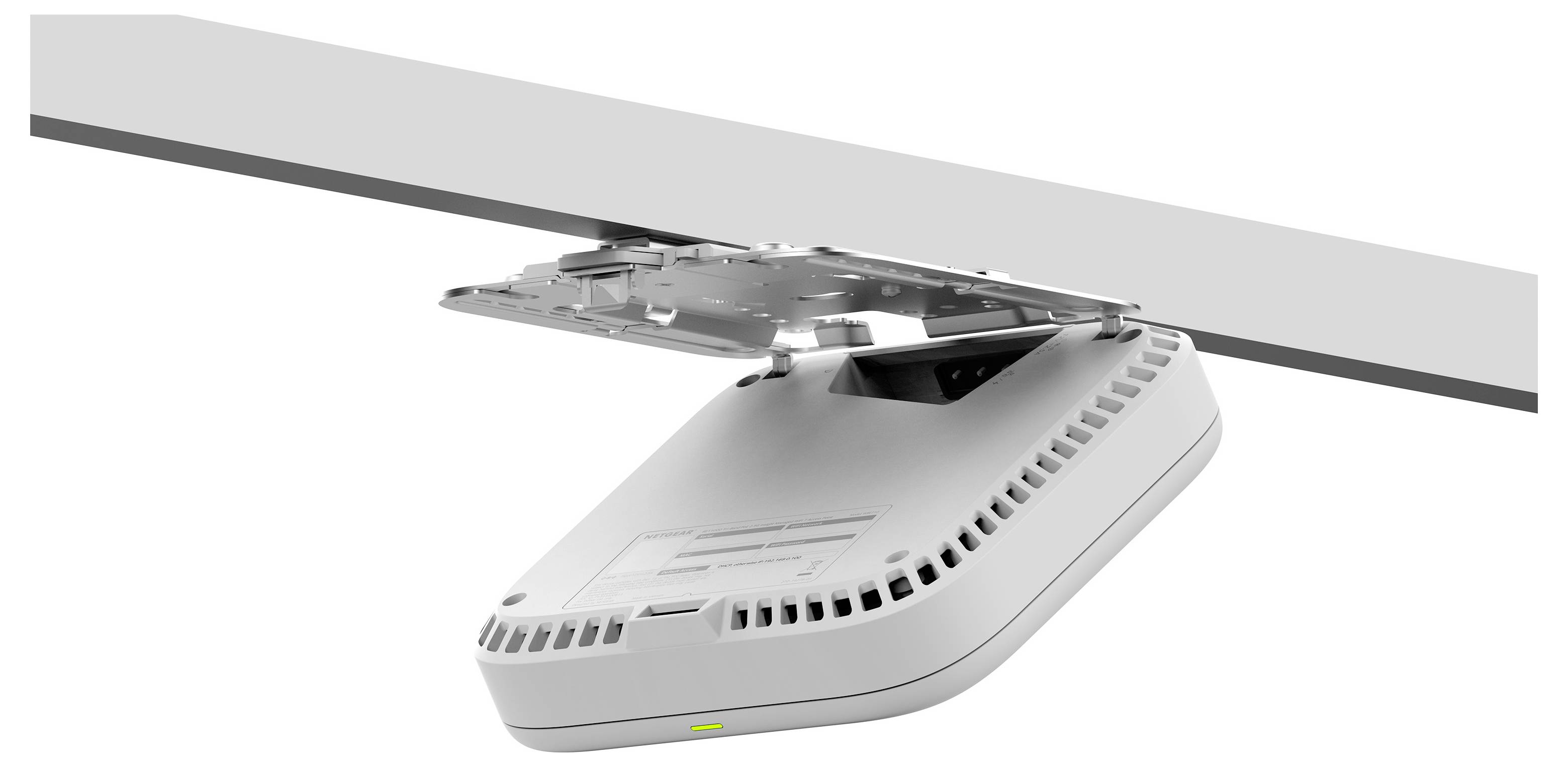 Wi-Fi-Router mit aufgeklapptem Deckel, der interne Komponenten unter einer geneigten, grauen balkenartigen Oberfläche zeigt.