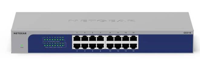 Vorderansicht eines NETGEAR 16-Port-Netzwerk-Switches mit grünen Statusleuchten und nummerierten Ethernet-Anschlüssen auf einem blau-silbernen Gehäuse.