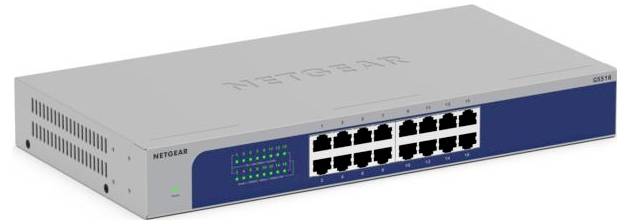 Ein NETGEAR 16-Port-Ethernet-Netzwerk-Switch, gezeigt in einem silbernen Rack-Mount-Gehäuse mit vorderen Statusleuchten und mehreren RJ45-Anschlüssen.