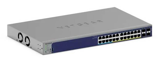 Vorderansicht eines 24-Port-Ethernet-Netzwerk-Switches mit Statusleuchten und seitlichen Belüftungsöffnungen auf weißem Hintergrund
