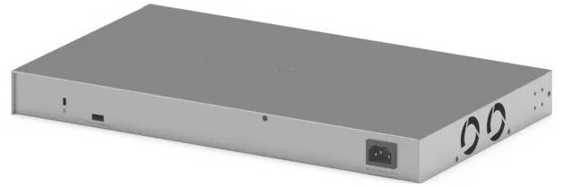 Silbermetall-Rackmount-Serverschrank mit Stromeingang an der Vorderseite und Kühlventilatoren auf der rechten Seite.