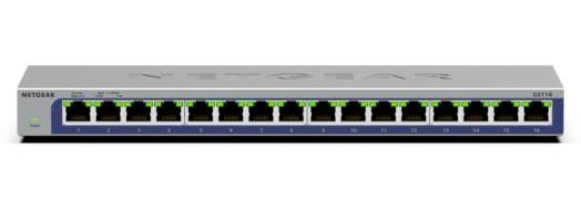 Vorderansicht eines NETGEAR 16-Port-Ethernet-Switches mit mehreren LAN-Anschlüssen und Statusleuchten auf einem silbernen Rack-Mount-Gerät.
