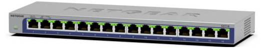 Ein Netgear 16-Port-Ethernet-Switch mit grünen Statusleuchten, dargestellt in silber- und blauem Frontblick.