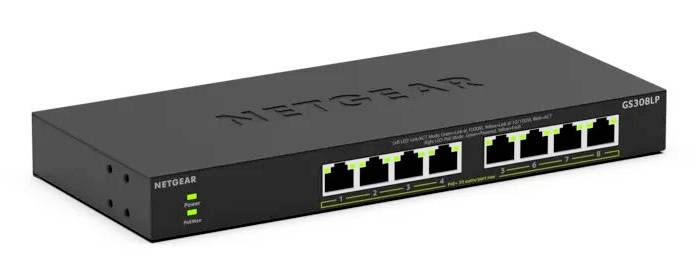Schwarzer NETGEAR GS308LP 8-Port-Ethernet-Switch mit grünen Status-LEDs auf der Frontplatte.