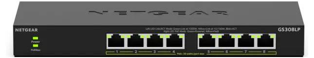 Frontansicht eines NETGEAR GS308LP-Netzwerk-Switches mit acht Ethernet-Anschlüssen und Status-LEDs auf einem schwarzen Rack-Mount-Gerät.