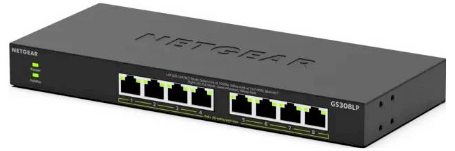 Ein NETGEAR GS308LP 8-Port-Ethernet-Switch, dargestellt in Schwarz mit grünen Statusleuchten und Frontanschlüssen.