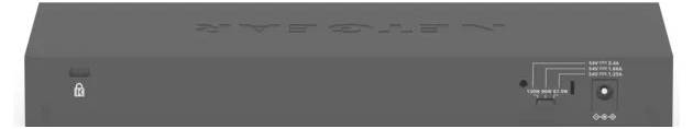 Grauer NVR-Sicherheitsrekorder von vorne gezeigt, mit Schlosssymbol, Statusleuchten, USB-Port und Stromschalter auf der rechten Seite.
