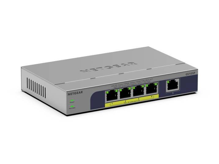 Netgear 5-Port-Ethernet-Switch in einem silbernen Metallgehäuse mit fünf vorderen Netzwerkports und Statusleuchten.
