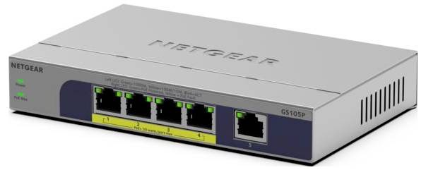 Netgear GS105P 5-Port-Ethernet-Switch, silberne Desktop-Einheit mit vorderen Statusleuchten und nummerierten LAN-Anschlüssen.