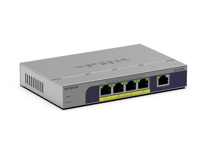 Netgear 5-Port-Ethernet-Switch mit LEDs und einem Uplink-Port, dargestellt in einer Produktansicht auf weißem Hintergrund.