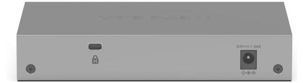 Vorderansicht eines grauen elektronischen Geräts mit einem Schlüsselsperrensymbol, zwei Befestigungsschrauben und einer Stromeingangsbezeichnung „54V=1,66A