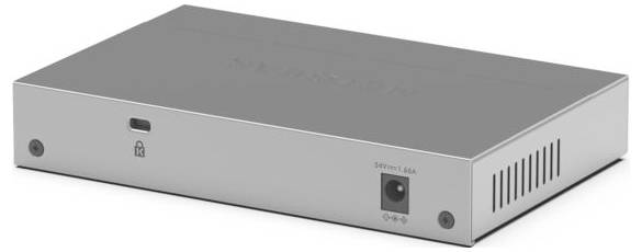 Silbernes elektronisches Gerät in Perspektivansicht mit vorderem Stromeingang, Schlosssymbol und seitlichen Belüftungsschlitzen auf weißem Hintergrund.