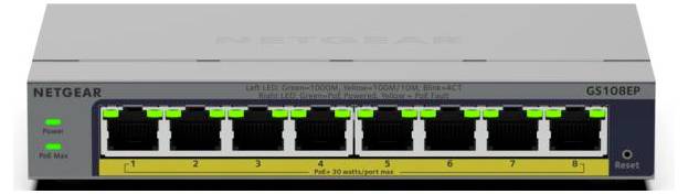 Vorderansicht eines NETGEAR 8-Port-Gigabit-Ethernet-Switches mit grünen Status-LEDs, nummerierten Anschlüssen 1–8 und einer Reset-Taste auf der rechten Seite.