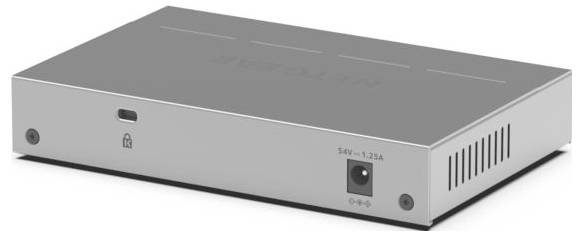 Silberne Sicherheitsgerätebox mit Lüftungsschlitzen, USB-Anschluss auf der Vorderseite, Schlosssymbol und 54V-Stromeingang auf weißem Hintergrund