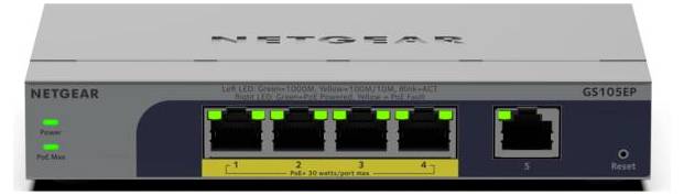 Vorderansicht eines NETGEAR GS105E 5-Port-Ethernet-Switches mit fünf RJ-45-Anschlüssen, Verbindungs-/Aktivitätsleuchten und einer Reset-Taste.