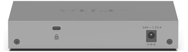 Vorderansicht eines silbernen elektronischen Geräts mit einer Stromanschlussbuchse, einem Schlosssymbol und zwei Eckschrauben; rechts mit der Beschriftung 54V 1,25A.