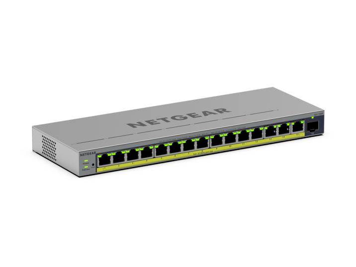 NETGEAR-Rackmount-Ethernet-Schalter mit 16 vorderen Anschlüssen und Statusleuchten auf einem grauen Metallgehäuse.