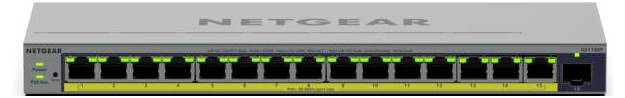 Frontansicht eines NETGEAR-Netzwerkschalters mit 16 Ethernet-Anschlüssen, grünen Statusleuchten und einem gelben Etikettenstreifen über die Frontplatte.