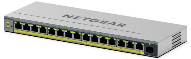 NETGEAR 16-Port-Ethernet-Switch mit LED-Statusleuchten an der Vorderseite und RJ45-Netzwerkbuchsen in einem silbernen Metallgehäuse.