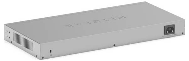 Silberne Rack-Mount-Elektronikeinheit in Perspektivansicht mit hinterer Stromeingangsbuchse und belüfteter Seitenwand, wahrscheinlich ein Server- oder Netzwerkgerät.