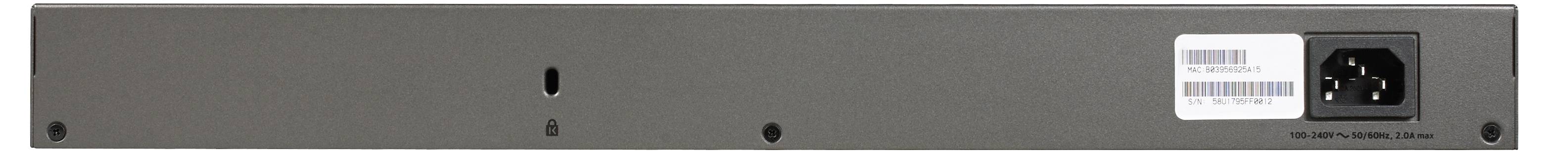 Rückseite eines grauen elektronischen Geräts mit einer Stromeingangsbuche auf der rechten Seite, einem Barcode-Etikett und Befestigungslöchern.