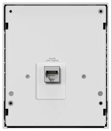 Rückseite eines wandmontierten Geräts mit einem einzelnen Ethernet-Anschluss, beschriftet mit „PoE IN LAN/Uplink