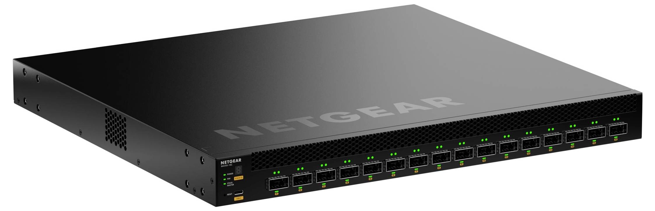 Rackmount-NETGEAR-Netzwerk-Switch mit mehreren Ethernet-Anschlüssen und Statusleuchten auf der Frontblende, dargestellt in einer schwarzen schräggestellten Produktansicht.