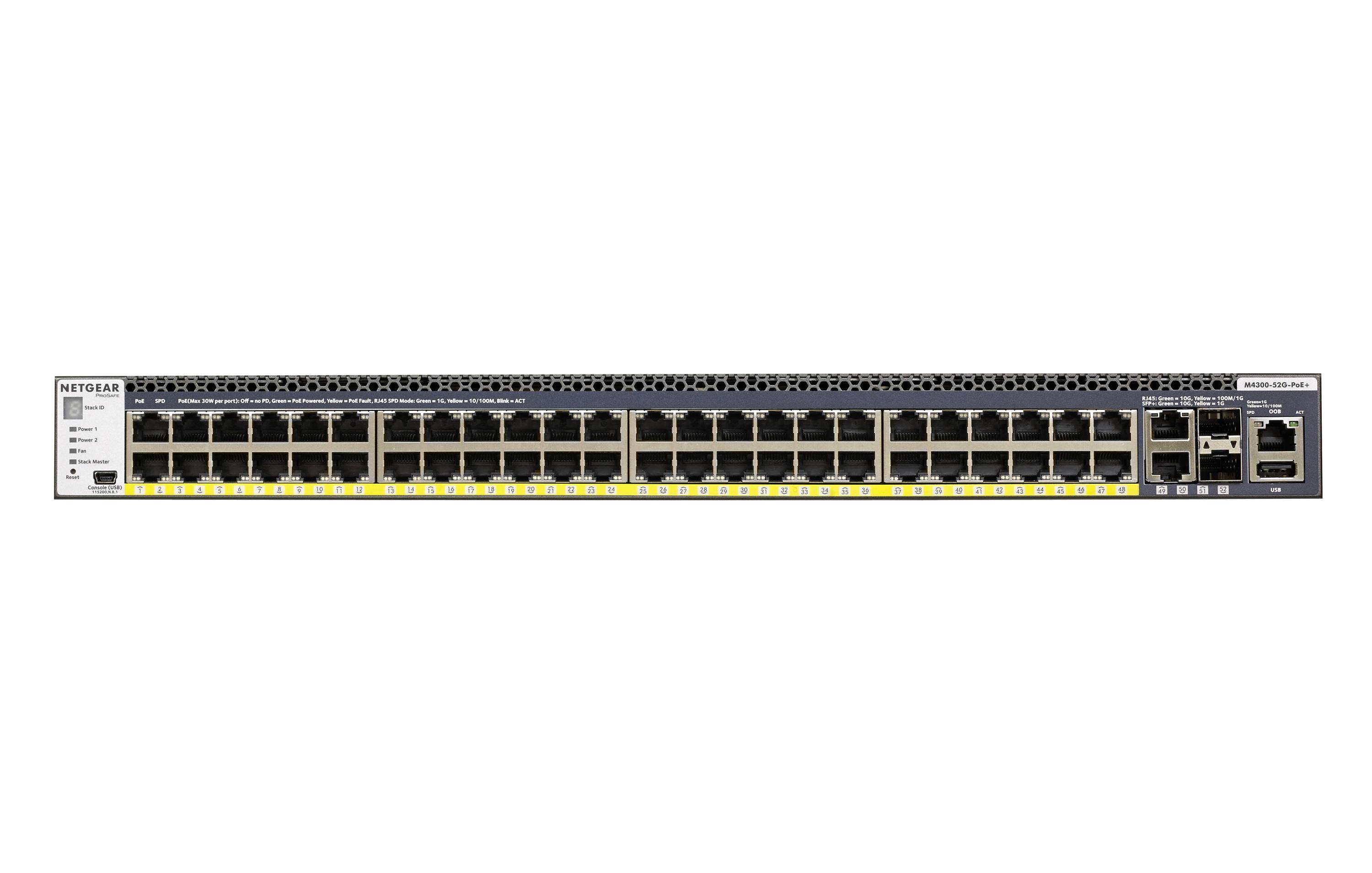 Vorderansicht eines NETGEAR Rack-montierten Ethernet-Netzwerk-Switches mit vielen RJ45-Anschlüssen und einigen Uplink-Anschlüssen auf der rechten Seite.